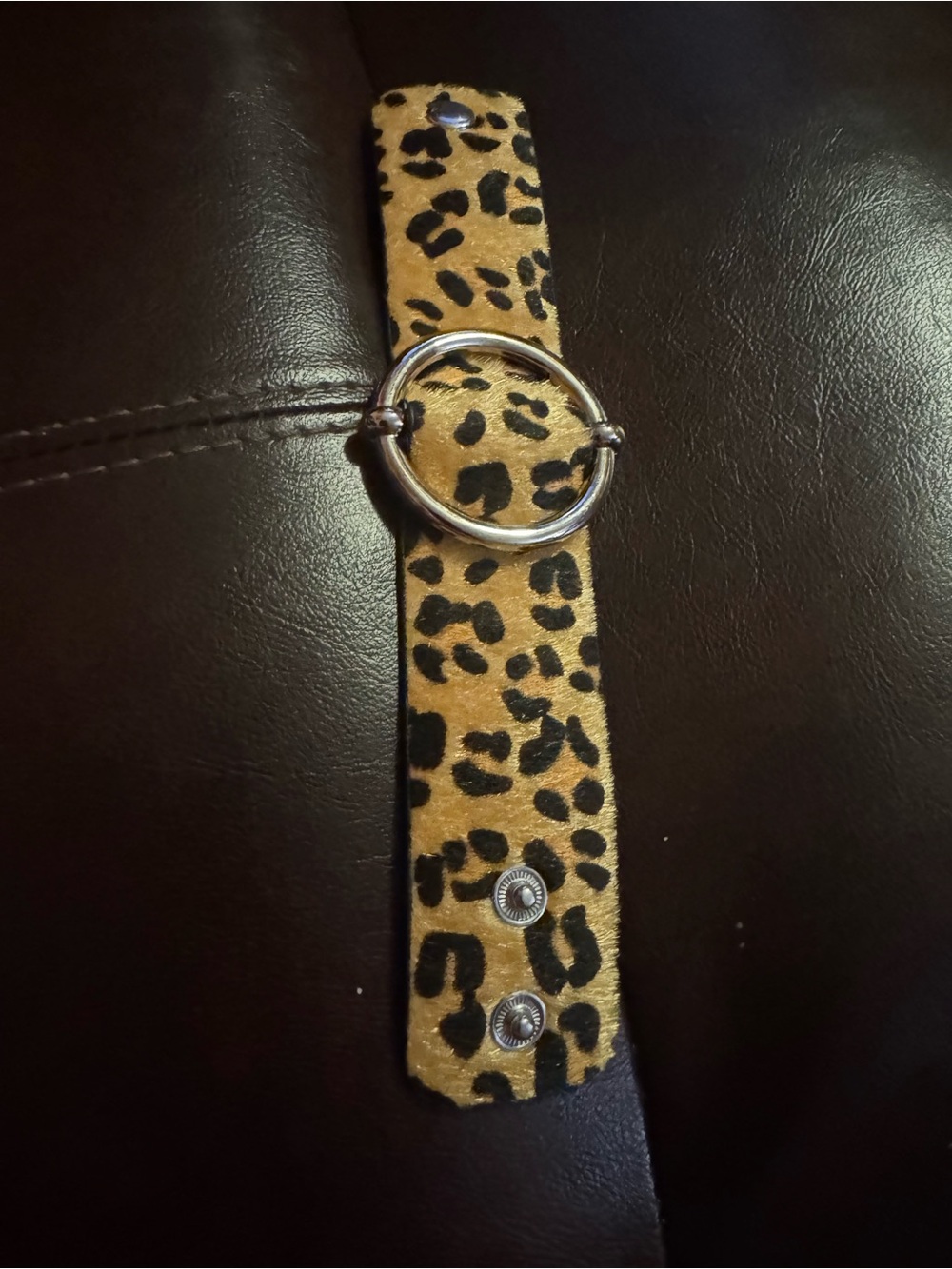 Leopard Print Leather Cuff Bracelet with Silver Ring